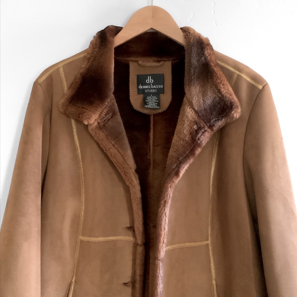 Dennis Basso VTG Faux Suede / Fur Mid-Length Brown Coat Jacket Womens Size Large - Picture 8 of 16
